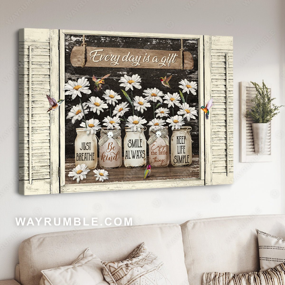 White daisy, Mason jars, Green hummingbirds, Every day is a gift - Jesus Landscape Canvas Prints, Christian Wall Art