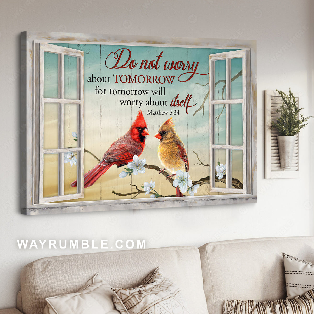 Cardinals drawing, White blossom, Window frame, Do not worry about tomorrow - Jesus Landscape Canvas Prints, Christian Wall Art