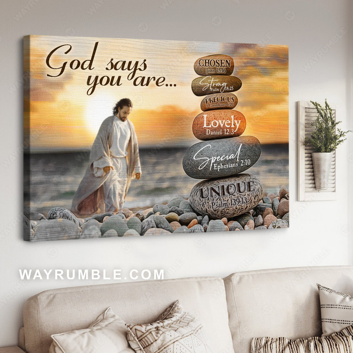 Walking with Jesus, Stone painting, Pretty sunset, God says you are unique - Jesus Landscape Canvas Prints, Home Decor Wall Art