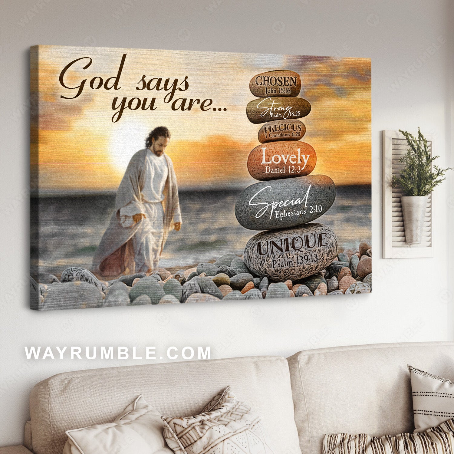 Walking with Jesus, Stone painting, Pretty sunset, God says you are unique - Jesus Landscape Canvas Prints, Home Decor Wall Art