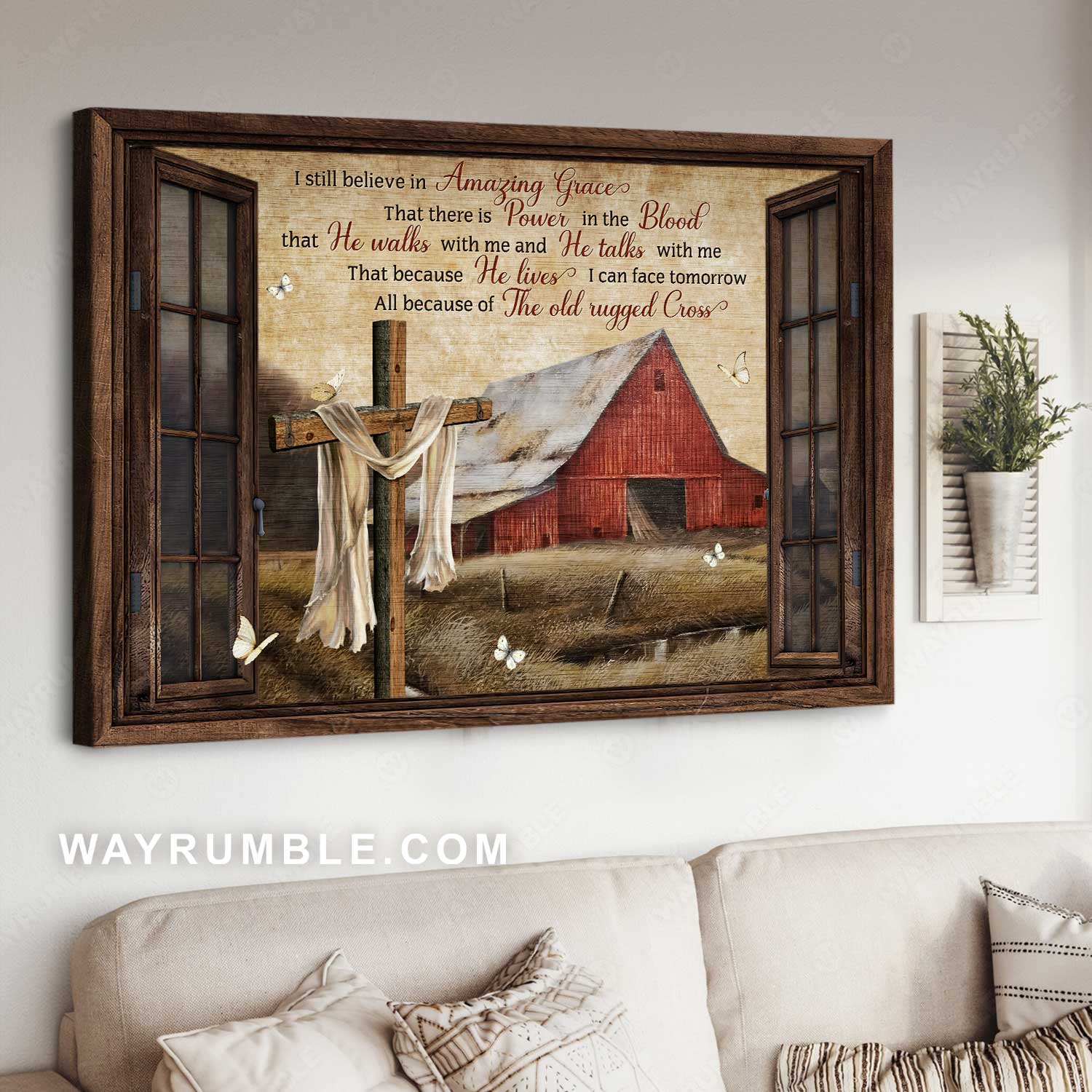 Peace village, Red house, Wooden cross, I still believe in amazing grace - Jesus Landscape Canvas Prints, Home Decor Wall Art