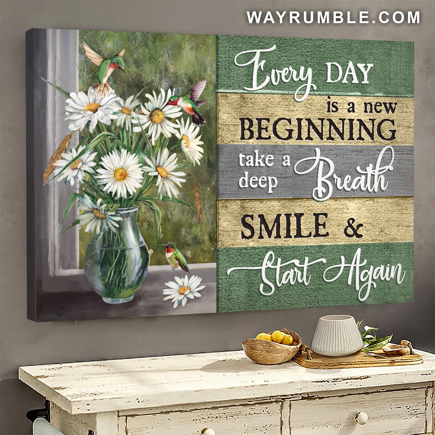 Daisy vase, Hummingbird, Every day is a new beginning - Jesus Landscape Canvas Prints, Wall Art