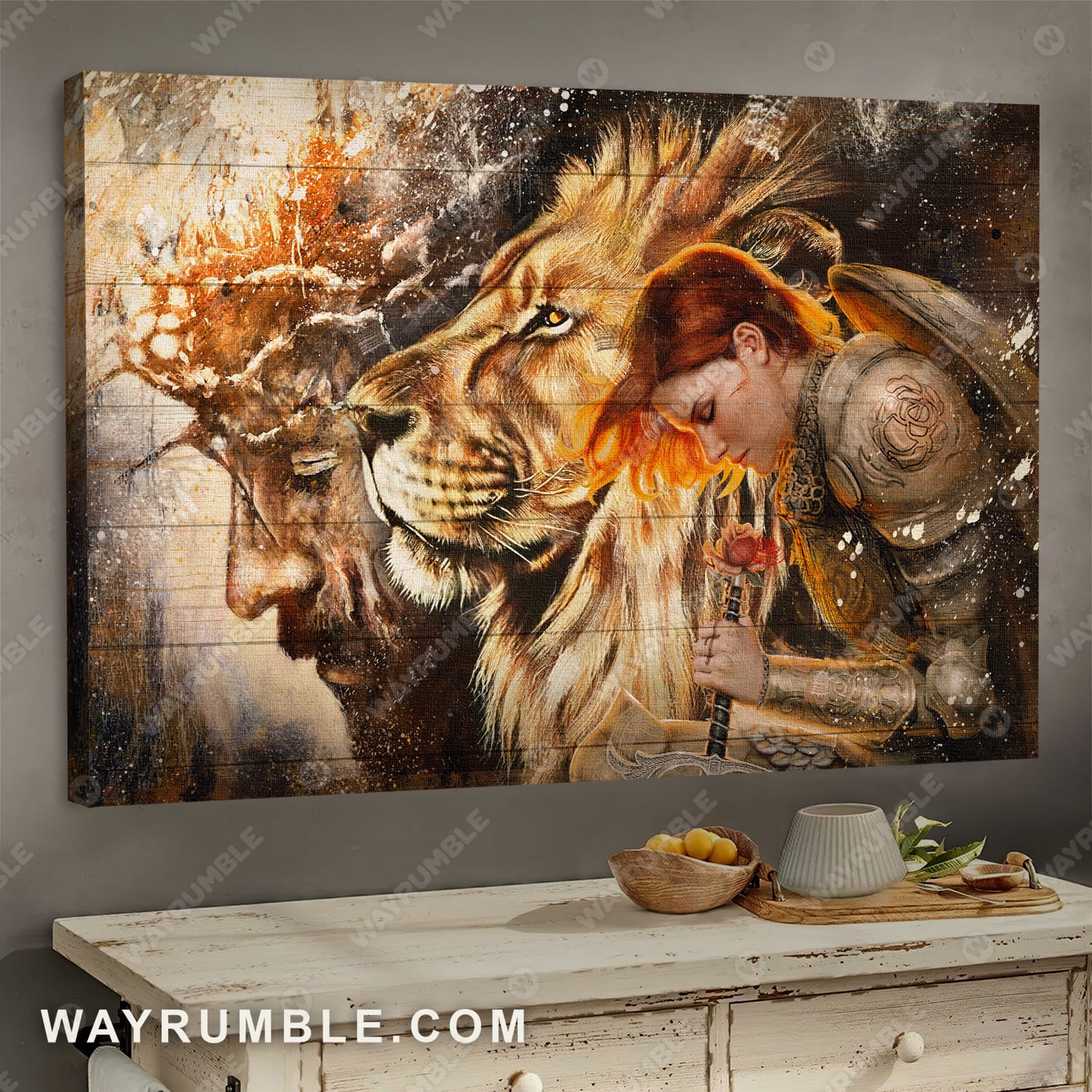 Female knight, Praying to Jesus, Lion of Judah - Jesus Landscape Canvas Prints, Wall Art