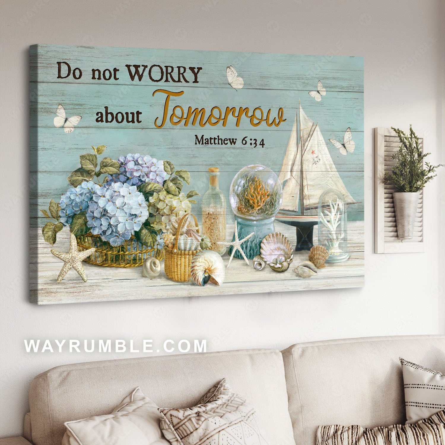 Blue hydrangea, Seashells, Coral, Do not worry about tomorrow - Jesus Landscape Canvas Prints, Christian Wall ArtBlue hydrangea, Seashells, Coral, Do not worry about tomorrow - Jesus Landscape Canvas Prints, Christian Wall Art