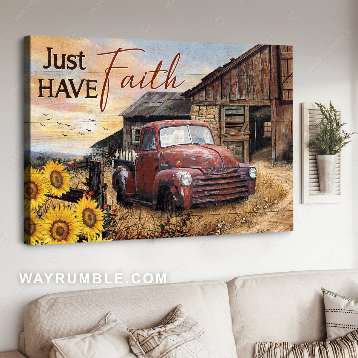 Antique ladybug car, Old farm, Sunflower garden, Just have faith - Jesus Landscape Canvas Prints, Home Decoration Wall Art