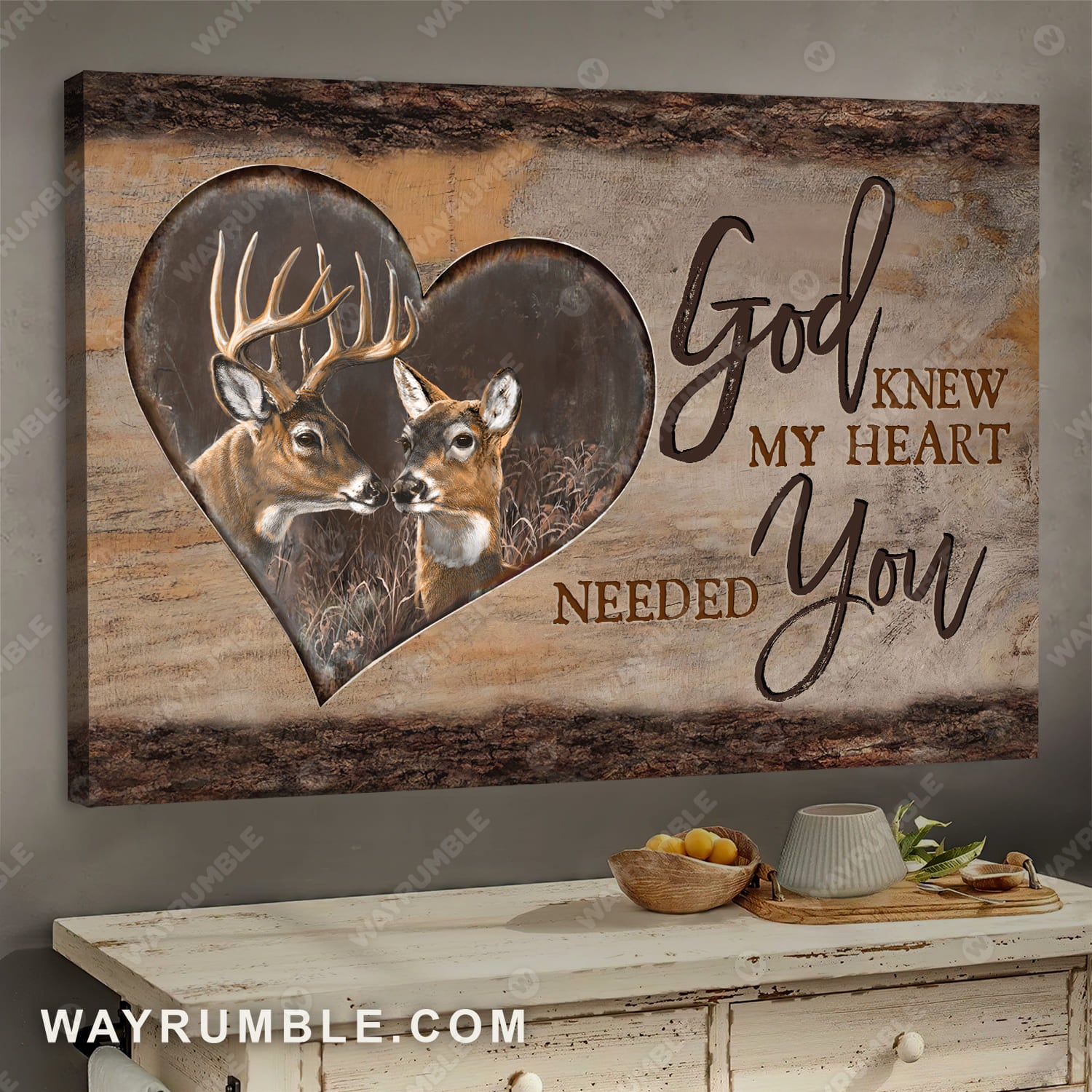 Deer drawing, Wooden heart, God knew my heart needed you - Jesus Landscape Canvas Prints, Wall Art