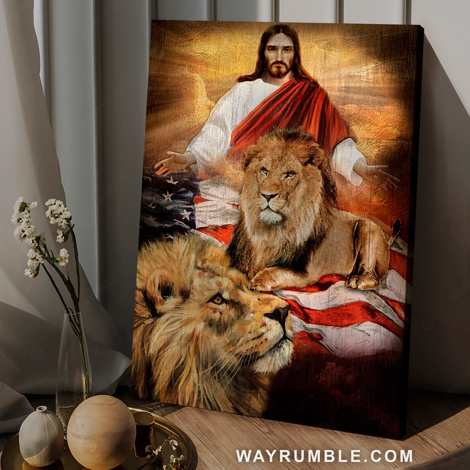 Stunning lion, The world in his arm, Watercolor US flag - Jesus Portrait Canvas Prints, Christian Wall Art