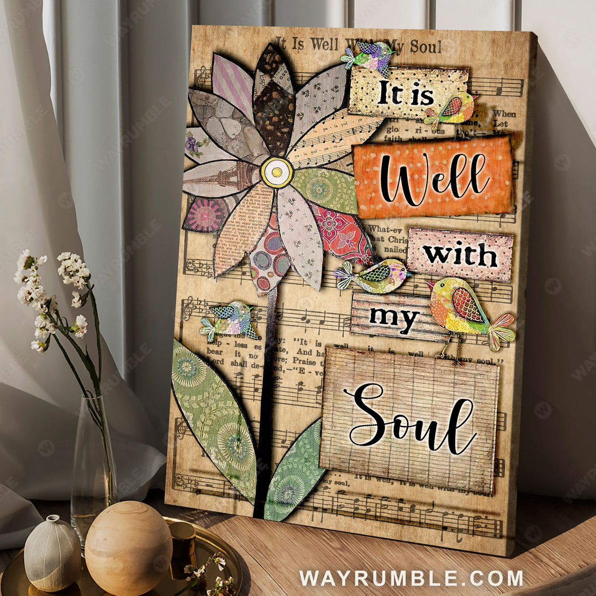 Wooden flower, Little bird, Music sheet, It is well with my soul - Jesus Portrait Canvas Prints, Christian Wall Art