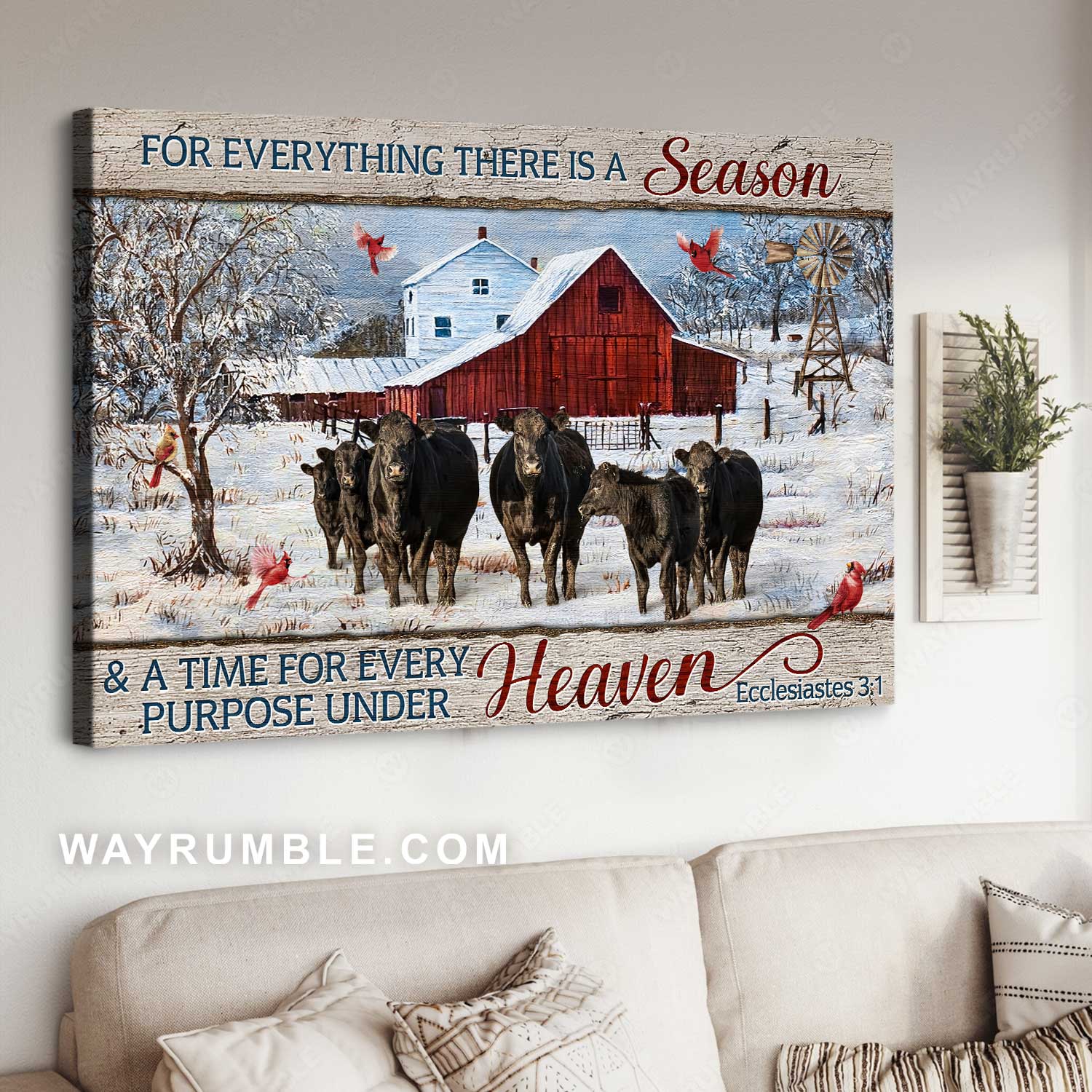 Black cow farm, Vintage house, Red cardinal, For everything there is a season - Jesus Landscape Canvas Prints, Home Decor Wall Art