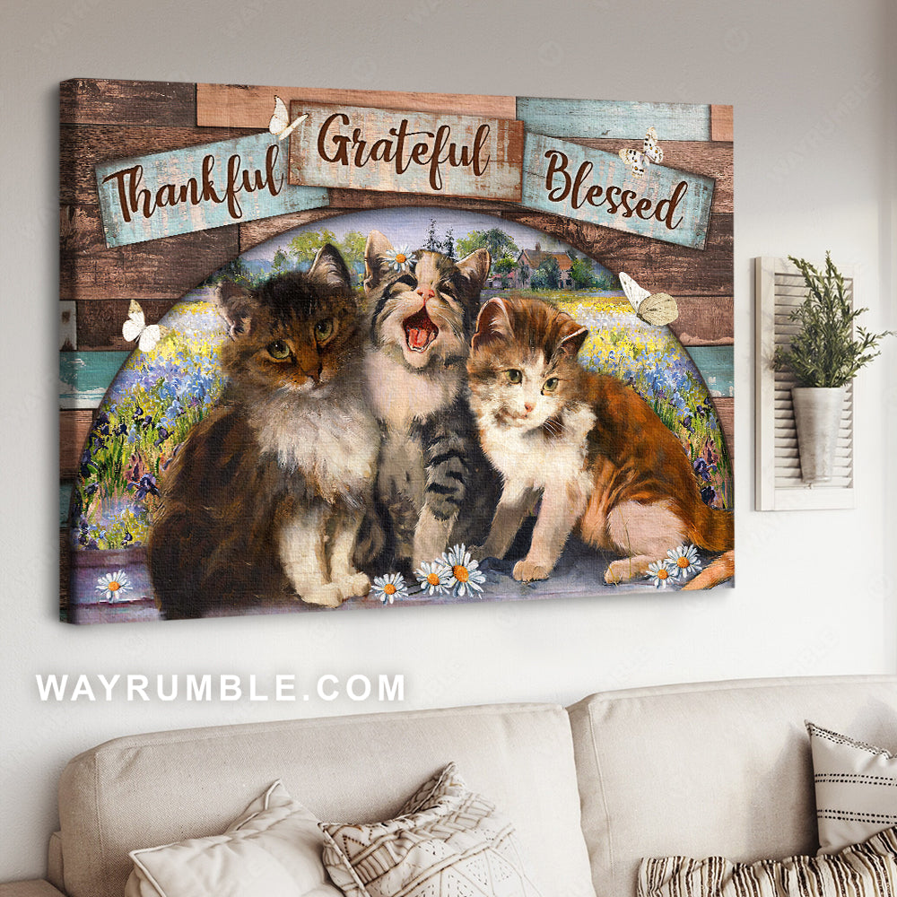 Little cat drawing, Flower field, Butterfly, Thankful, Grateful, Blessed - Jesus Landscape Canvas Prints, Christian Wall Art