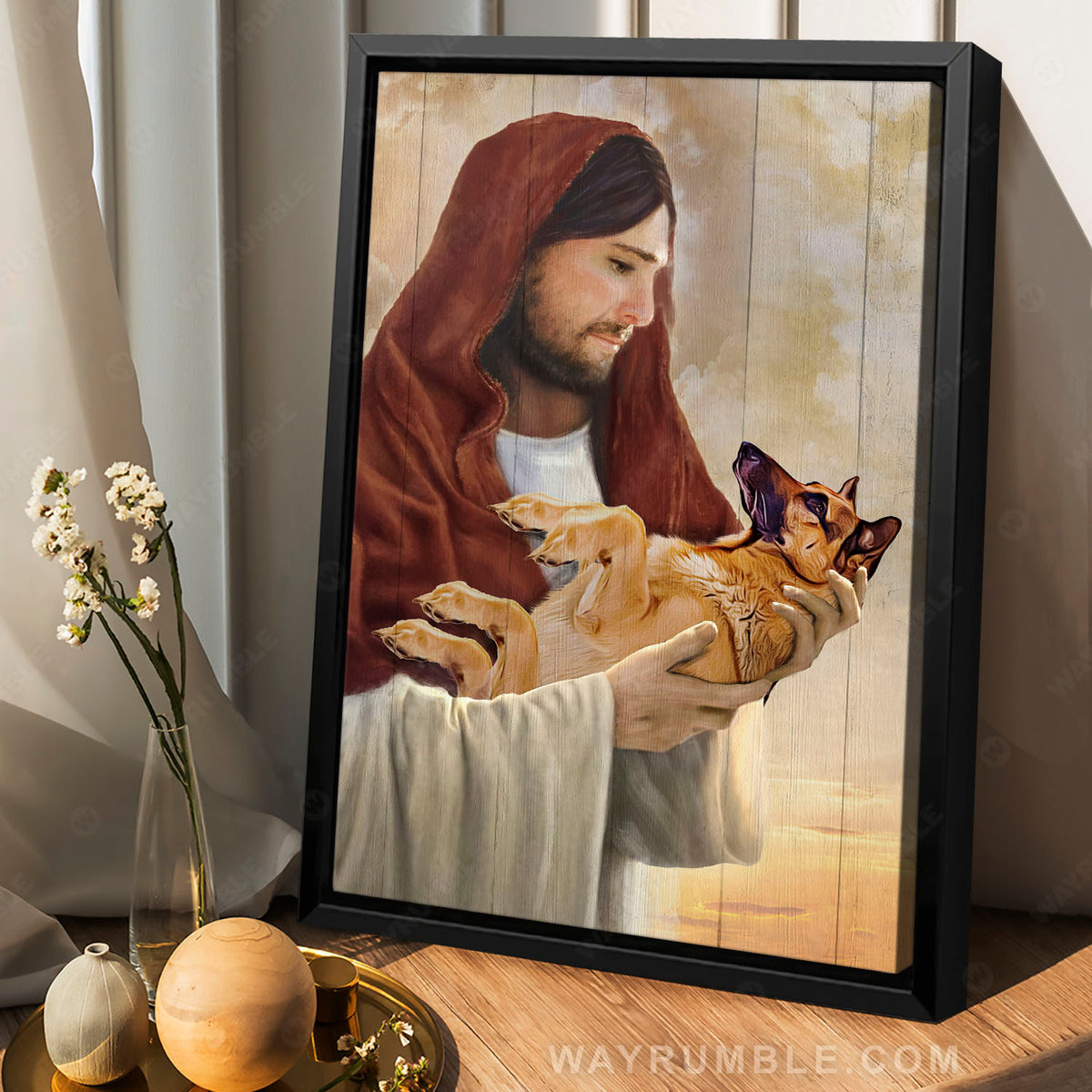 Little German Shepherd, The world in his arm, Jesus artwork - Jesus Portrait Canvas Prints, Christian Wall Art