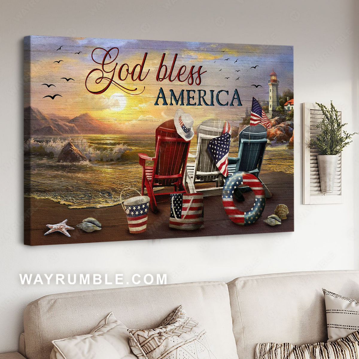 Beach chair, American flag, Today sunrise, God bless America - Jesus Landscape Canvas Prints, Christian Wall Art
