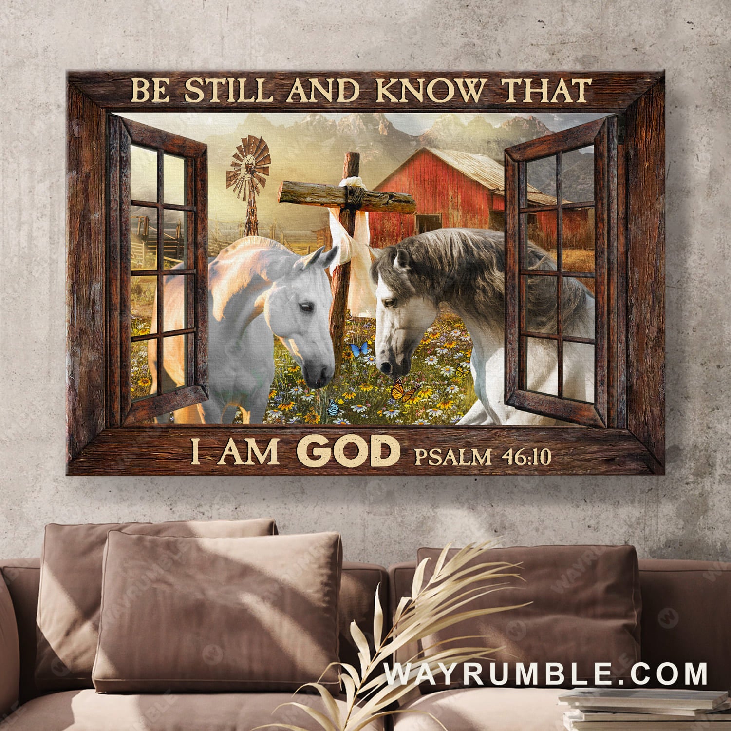 White horse, Red barn house, Flower field, Be still and know that I am God - Jesus Landscape Canvas Prints, Wall Art