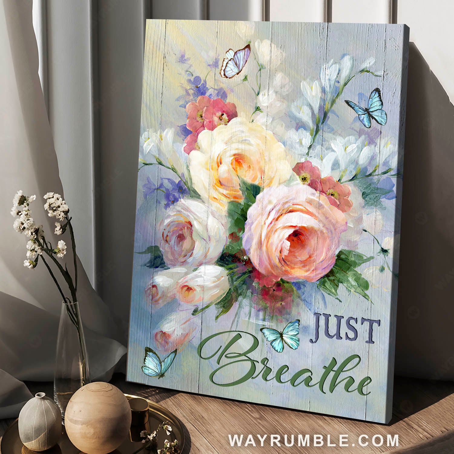 Pink rose, Flower painting, Blue butterfly, Just breathe - Jesus Portrait Canvas Prints, Christian Wall Art
