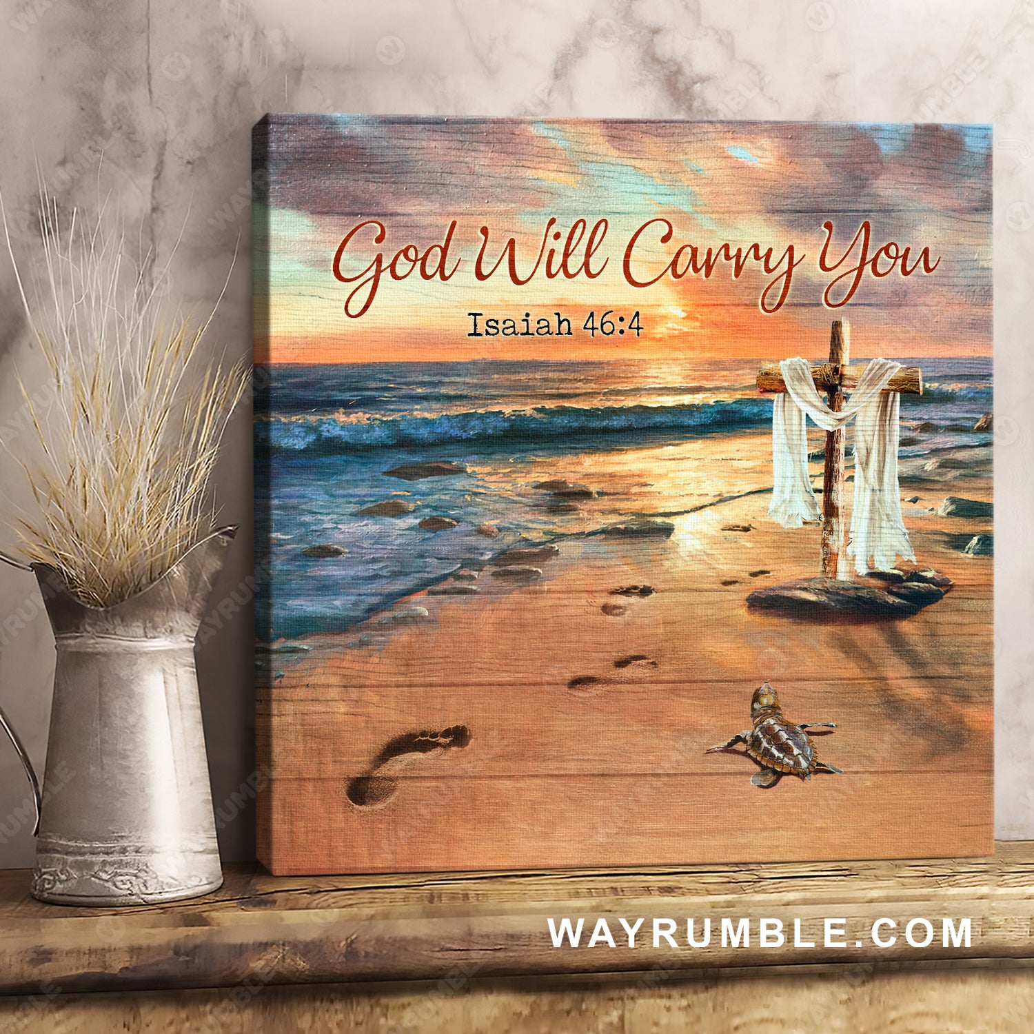 Footprints on sand, On the beach, Sunset painting, God will carry you - Jesus Square Canvas Prints, Christian Wall Art