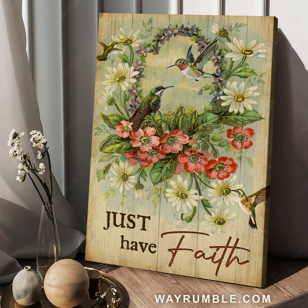Green hummingbird, Red daisy, Flower wreath, Just have faith - Jesus Portrait Canvas Prints, Christian Wall Art