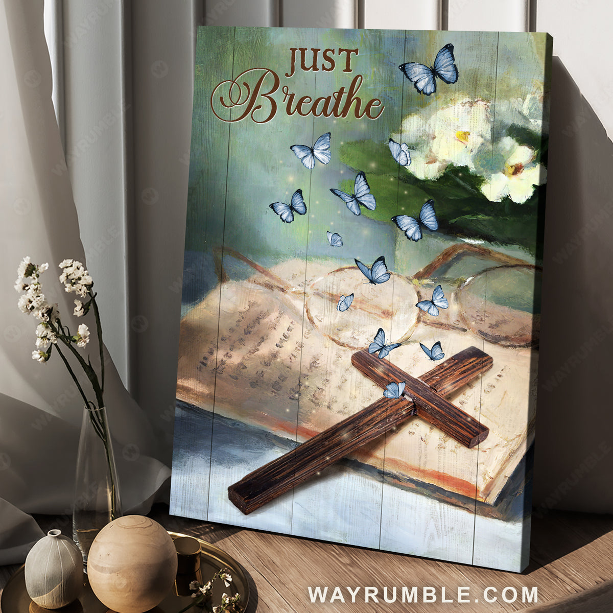 Blue butterfly, Wooden cross, Bible, Jasmine flower, Just breathe - Jesus Portrait Canvas Prints, Living Room Wall Art