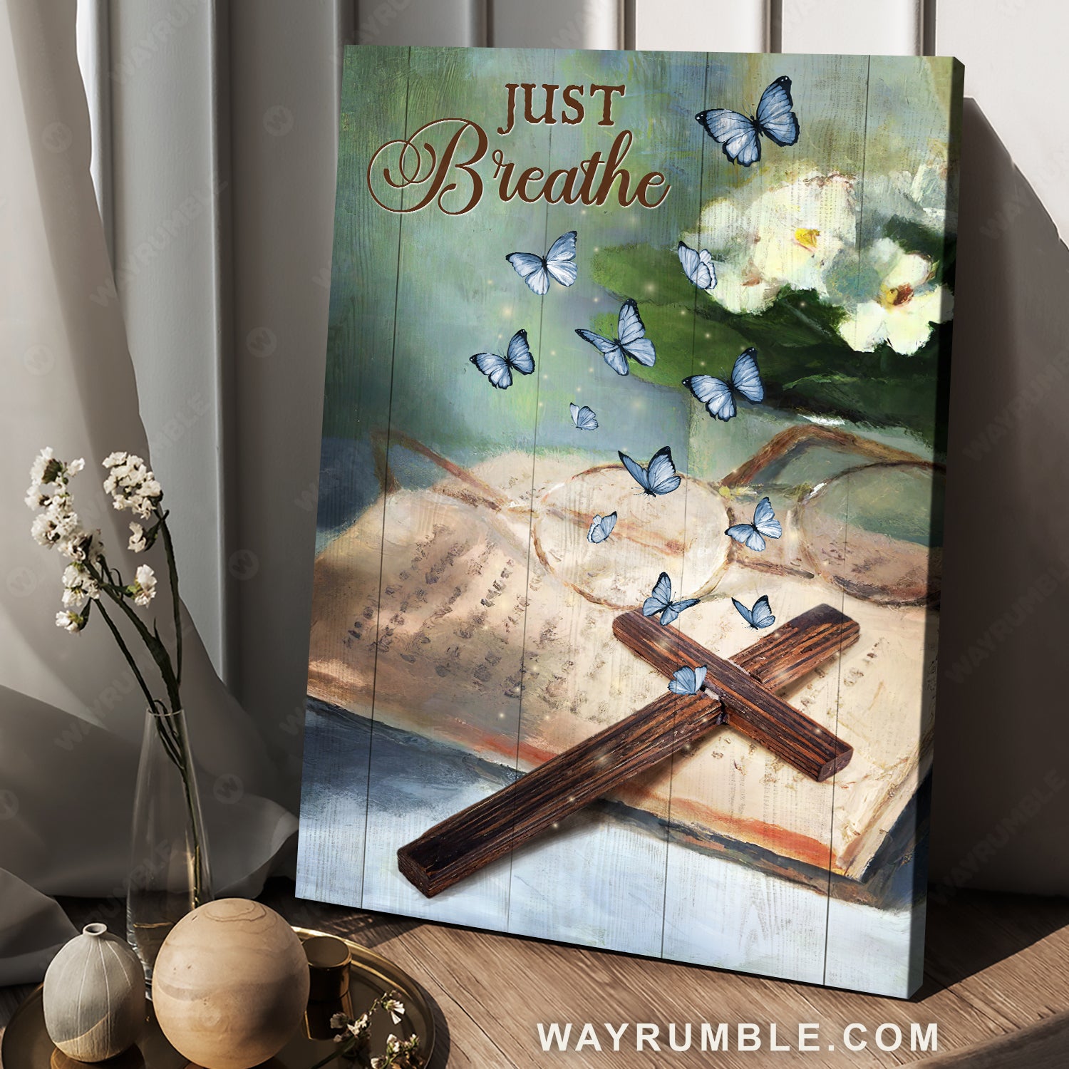 Blue butterfly, Wooden cross, Bible, Jasmine flower, Just breathe - Jesus Portrait Canvas Prints, Living Room Wall Art