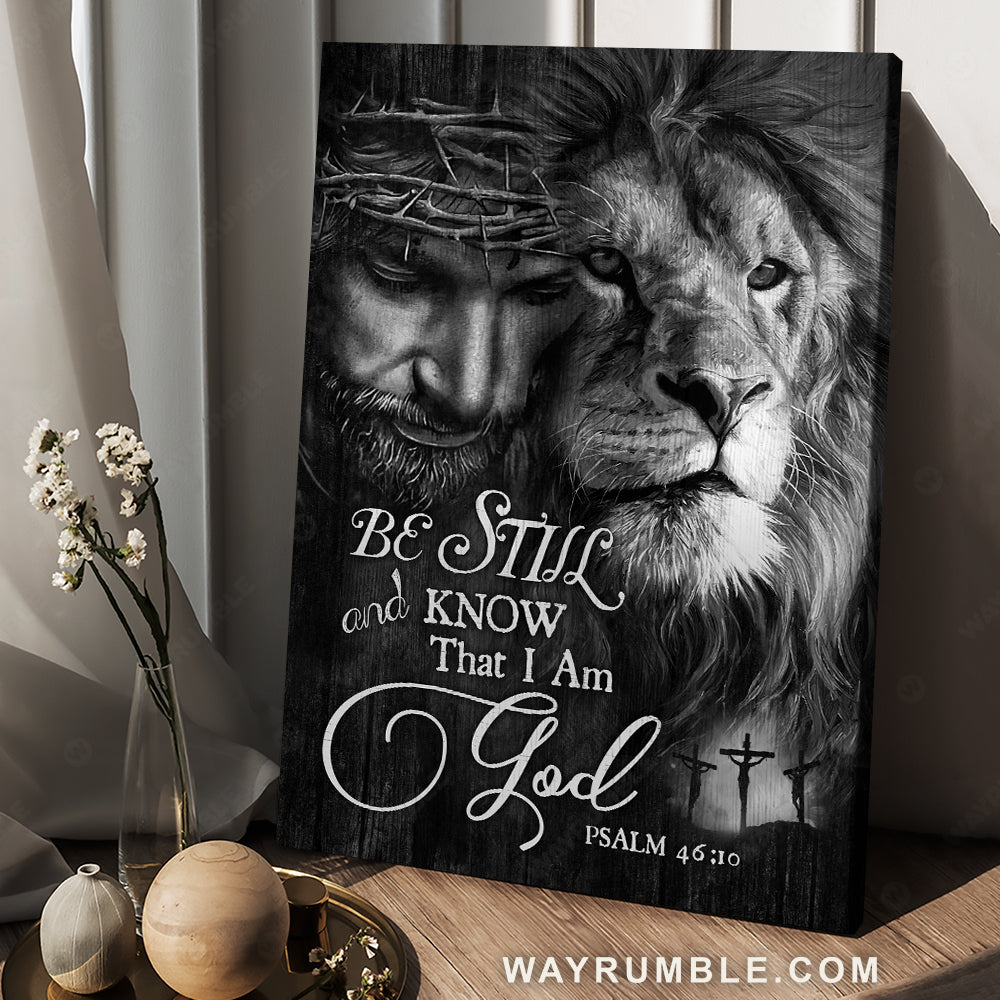 Lion with Jesus, Black and white painting, Be still and know that I am God - Jesus Portrait Canvas Prints, Christian Wall Art