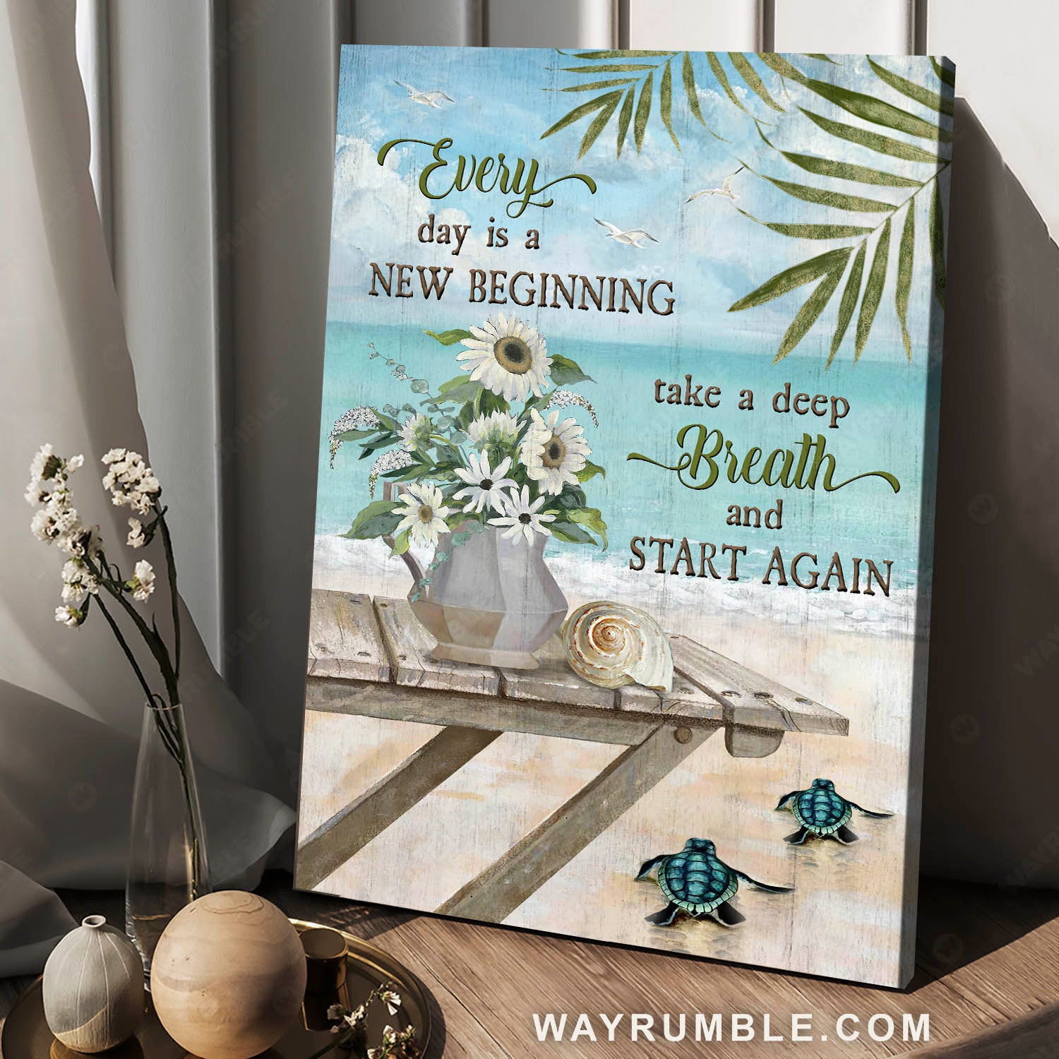 Gerbera daisy, Sea turtles, Sandy beach, Every day is a new beginning - Jesus Portrait Canvas Prints, Christian Wall Art