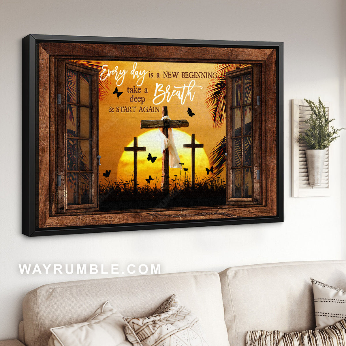 Stunning sunset, Orange sky, Cross symbol, Every day is a new beginning - Jesus Landscape Canvas Prints, Home Decor Wall Art