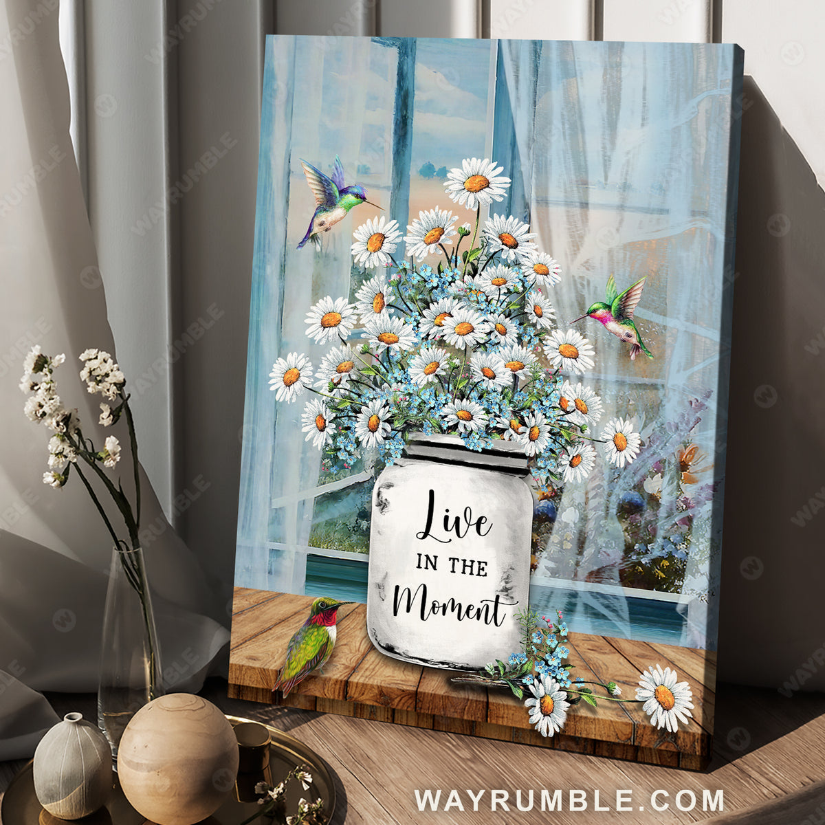White daisy painting, Colorful hummingbird, Blue window, Live in the moment - Jesus Portrait Canvas Prints, Christian Wall Art