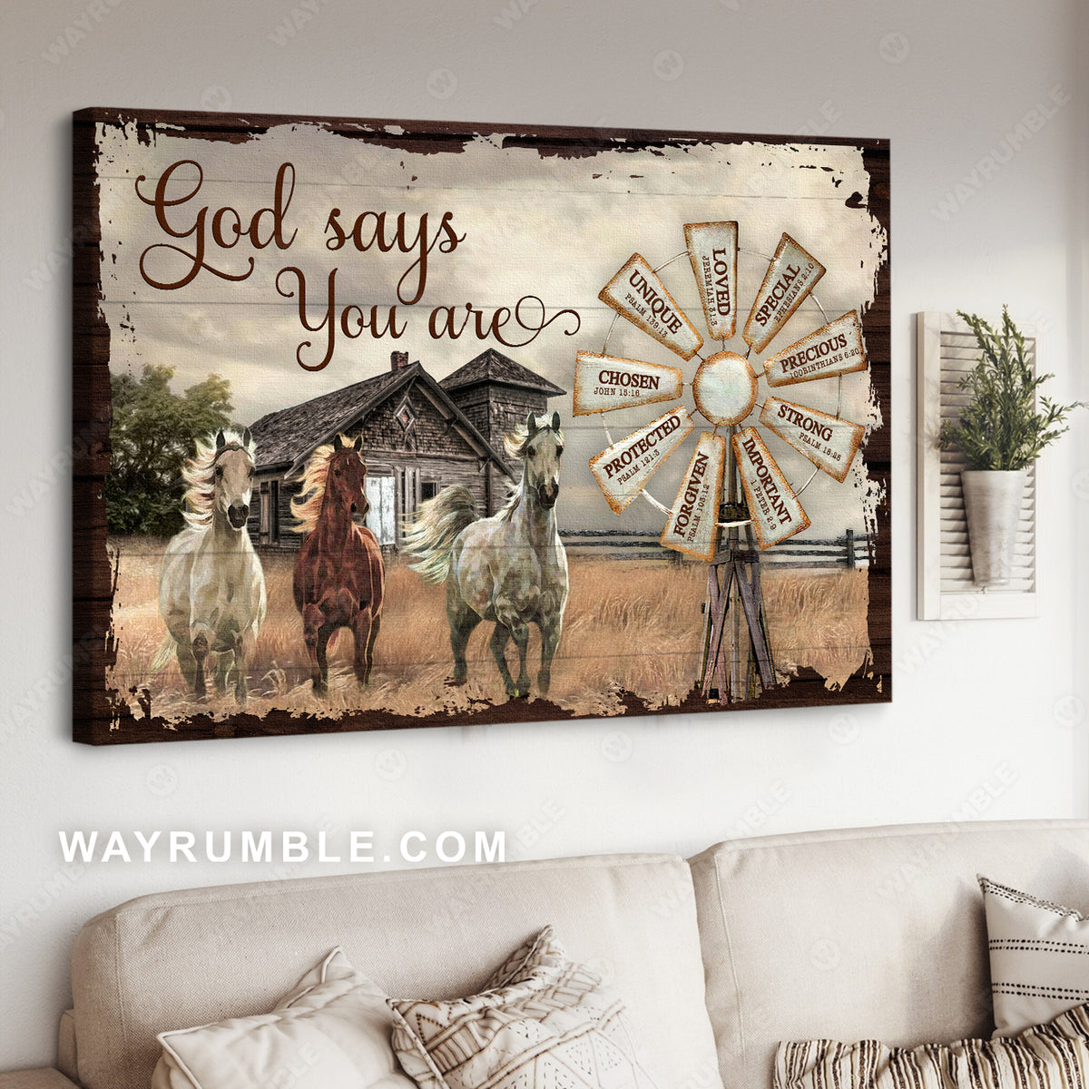 Running horses, Stormy sky, Antique house, God says you are unique - Jesus Landscape Canvas Prints, Christian Wall Art