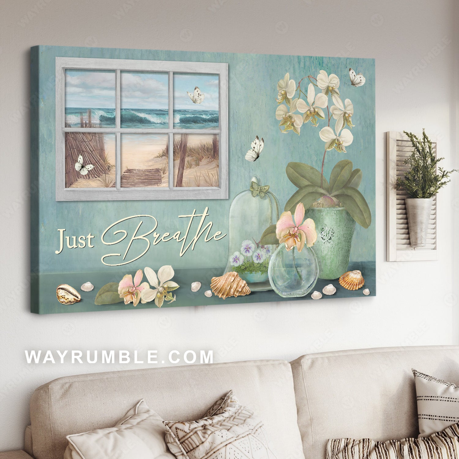 White orchid, Seashells, Glass dome, Blue beach, Just breathe - Jesus Landscape Canvas Prints, Christian Wall Art