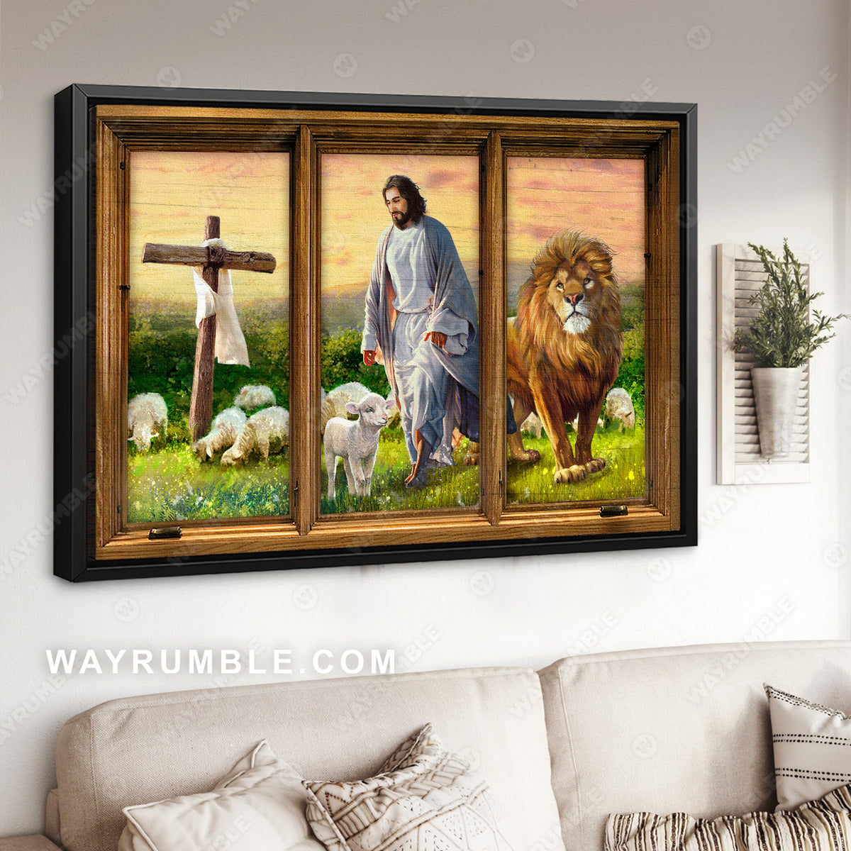 Green meadow land, Amazing lion, Lamb of God, Walking with Jesus - Jesus Landscape Canvas Prints, Christian Wall Art