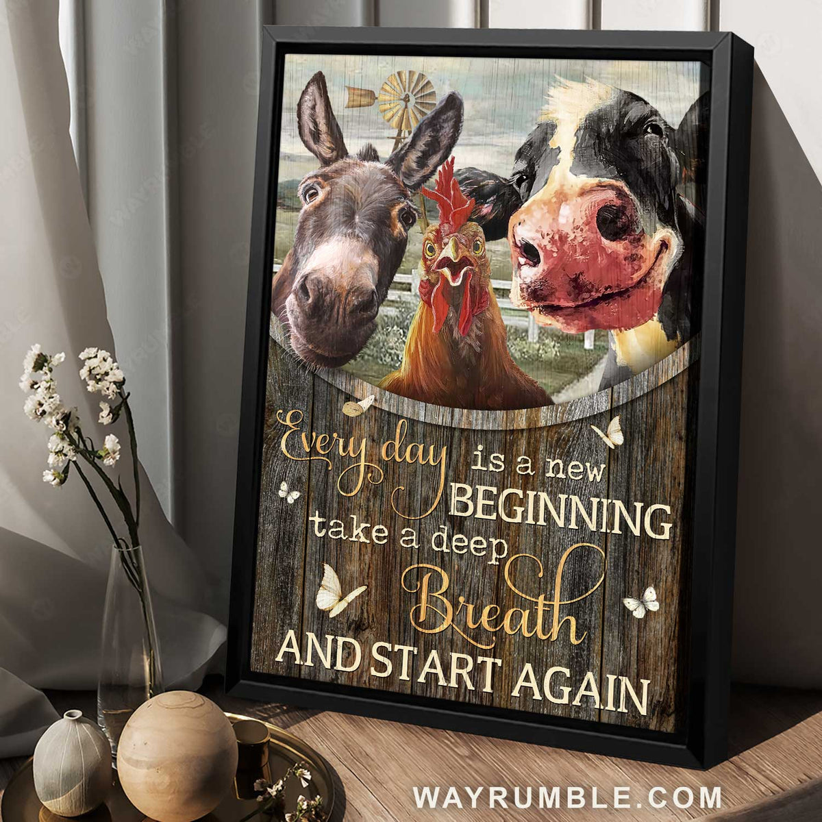 Stunning rooster, Dairy cow, Little donkey, Every day is a new beginning - Jesus Portrait Canvas Prints, Home Decor Wall Art