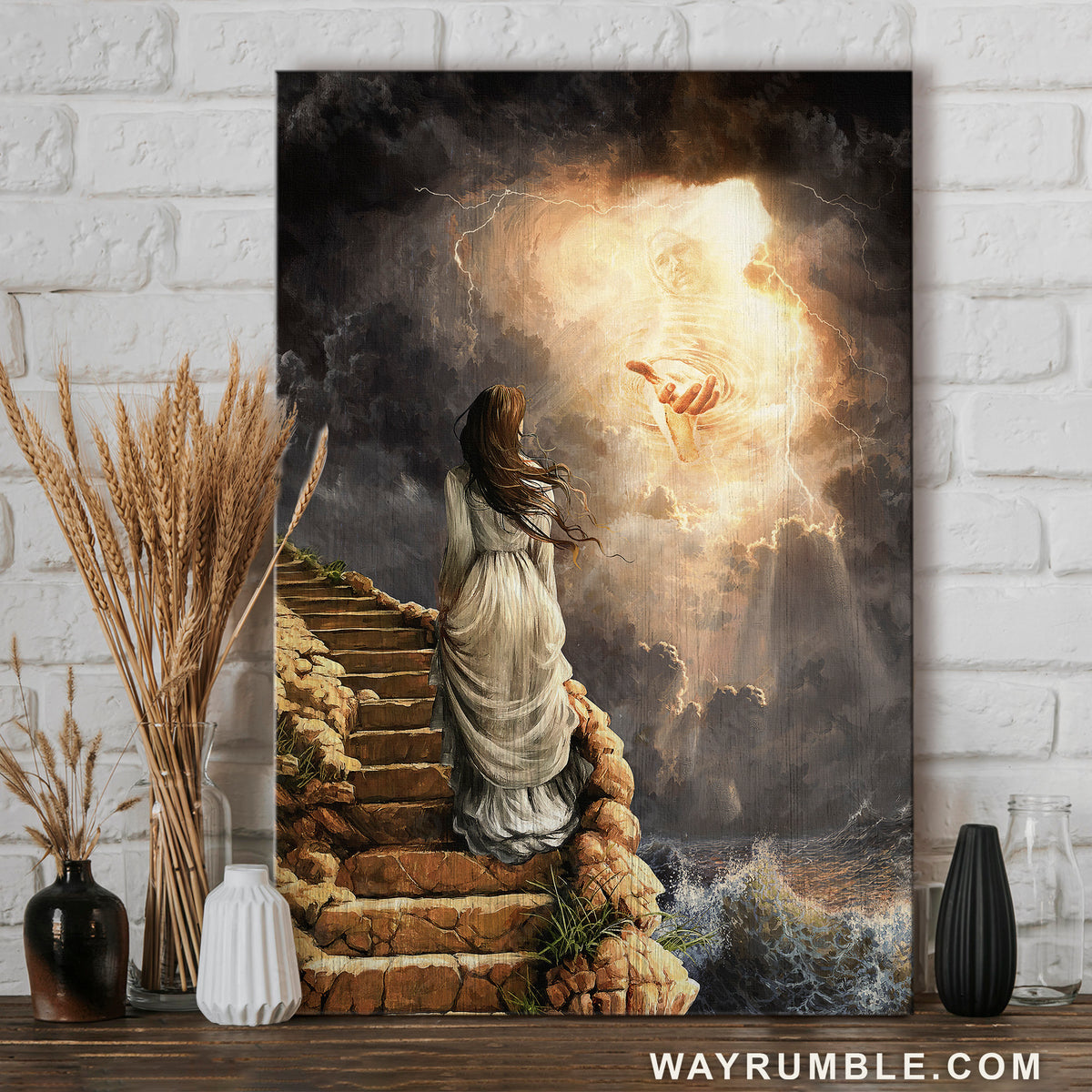 Jesus hand, Beautiful girl, Dark clouds, Heaven light - Jesus Portrait Canvas Prints, Christian Wall Art
