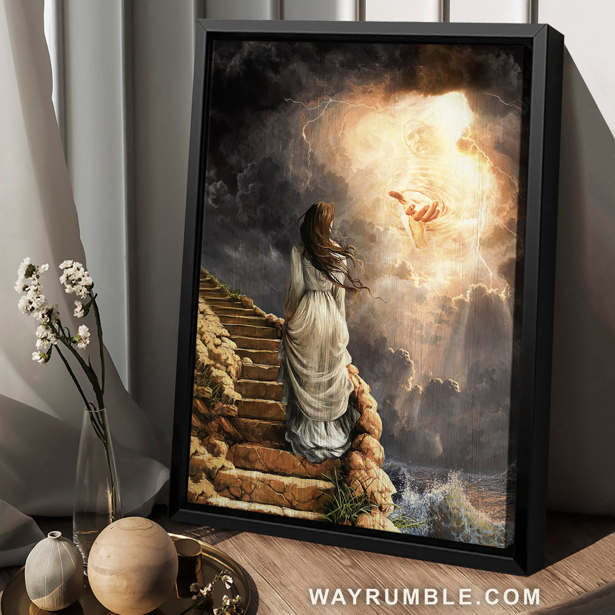 Jesus hand, Beautiful girl, Dark clouds, Heaven light - Jesus Portrait Canvas Prints, Christian Wall Art