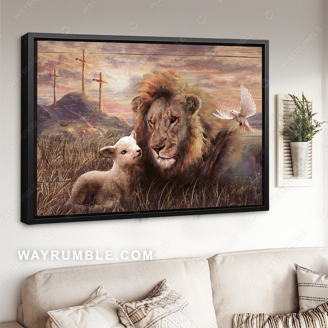 Meadow landscape, Lion of Judah, Lambs of God, A peaceful day of the lion and the lamb - Jesus Landscape Canvas Prints, Christian Wall Art
