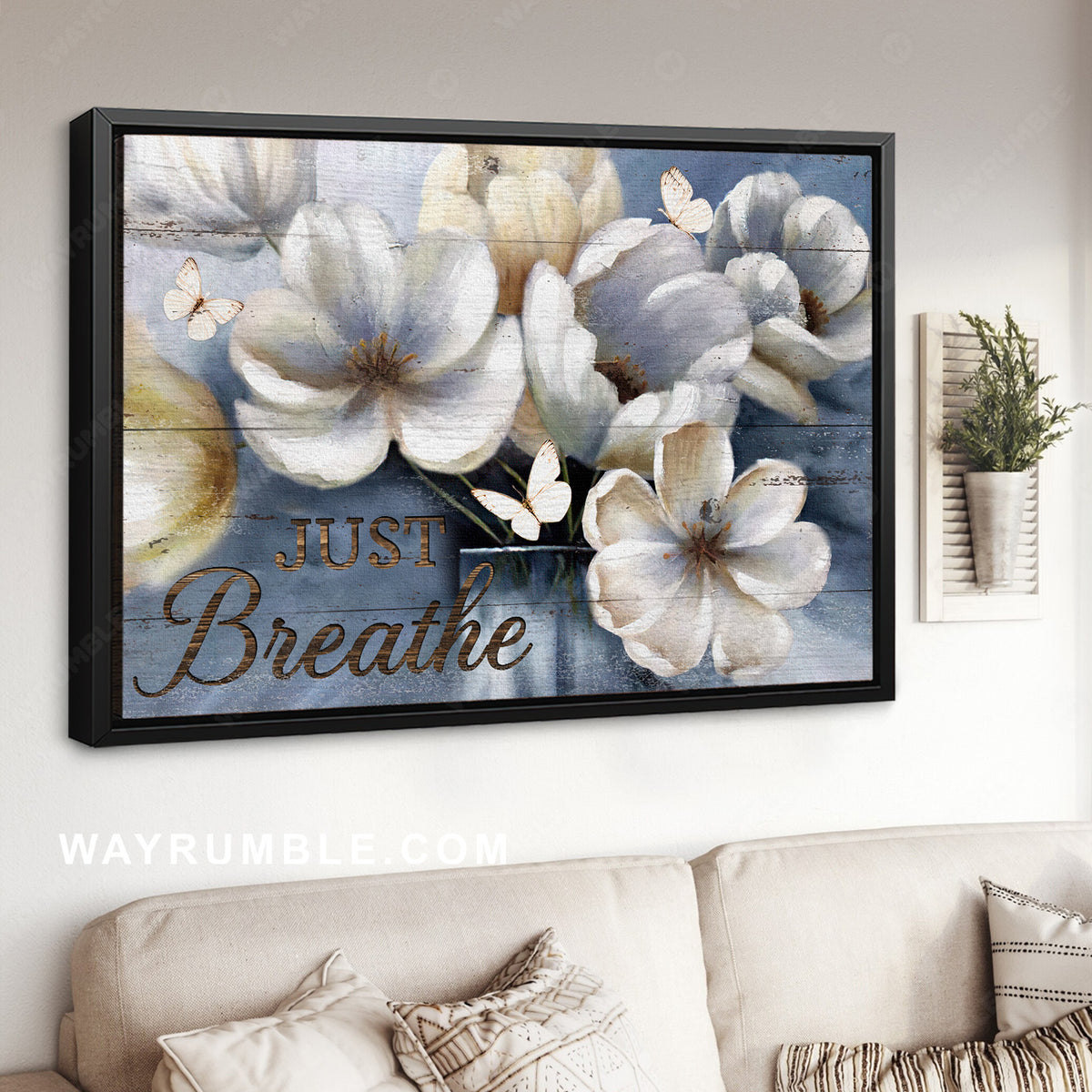 Beautiful flower, Blue background, Pretty butterfly, Just breathe - Jesus Landscape Canvas Prints, Home Decor Wall Art