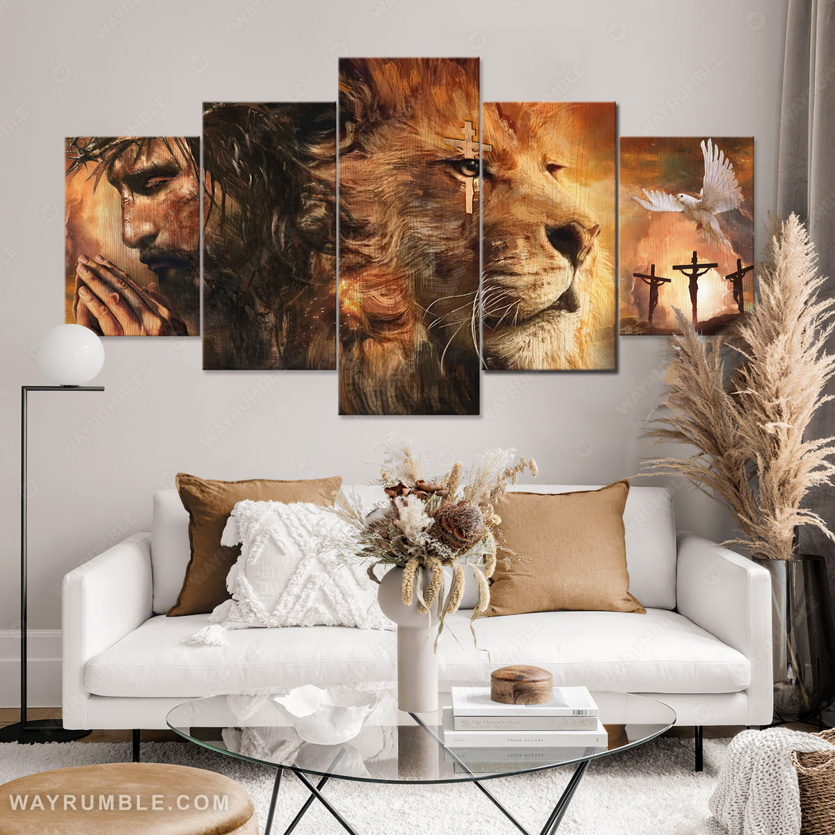 Lion of Judah, The life of Jesus, Jesus drawing, White dove symbol - Jesus 5 Panel Matte Canvas
