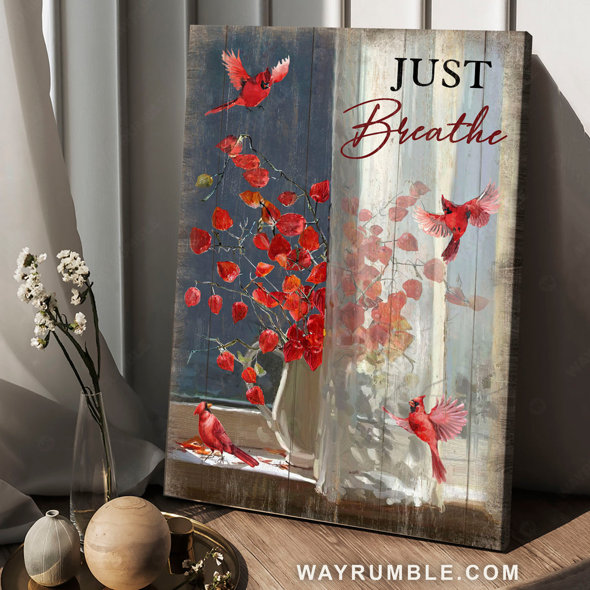 Red cardinal, Red leave, Just breathe - Jesus Portrait Canvas Prints, Christian Wall Art