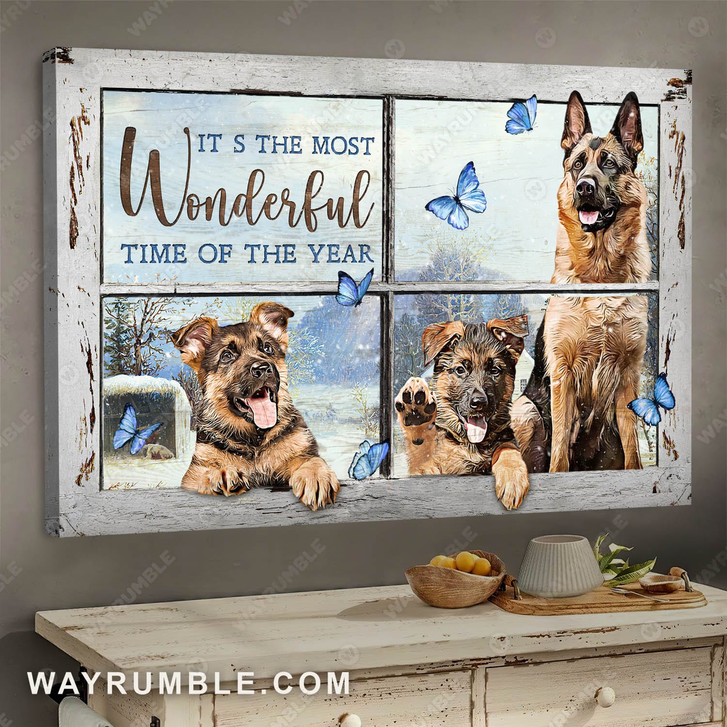German shepherd dogs, Blue crystal Butterfly, It's the most wonderful time of the year - Jesus Landscape Canvas Prints, Wall Art