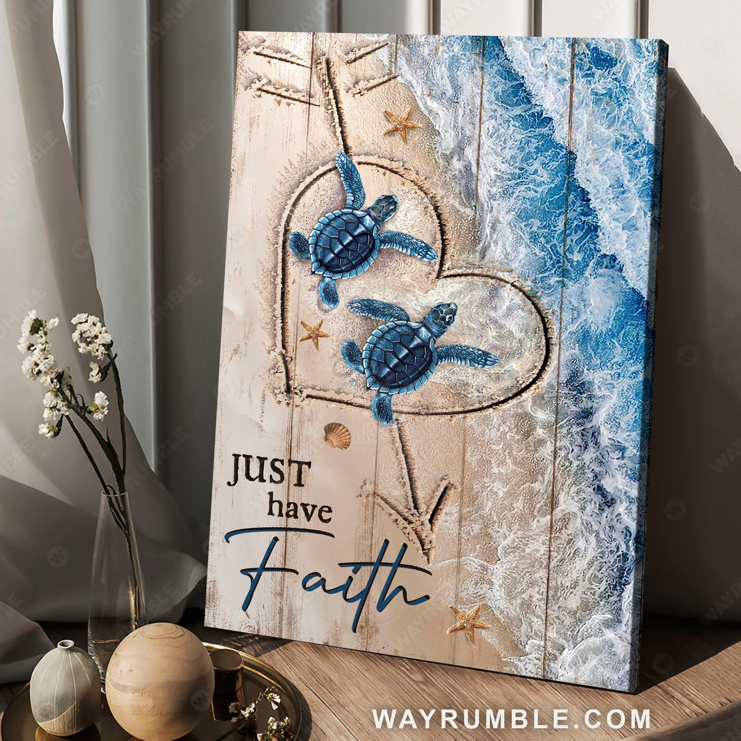 Blue turtle, Heart shape, Beach painting, Just have faith - Jesus Portrait Canvas Prints, Christian Wall Art