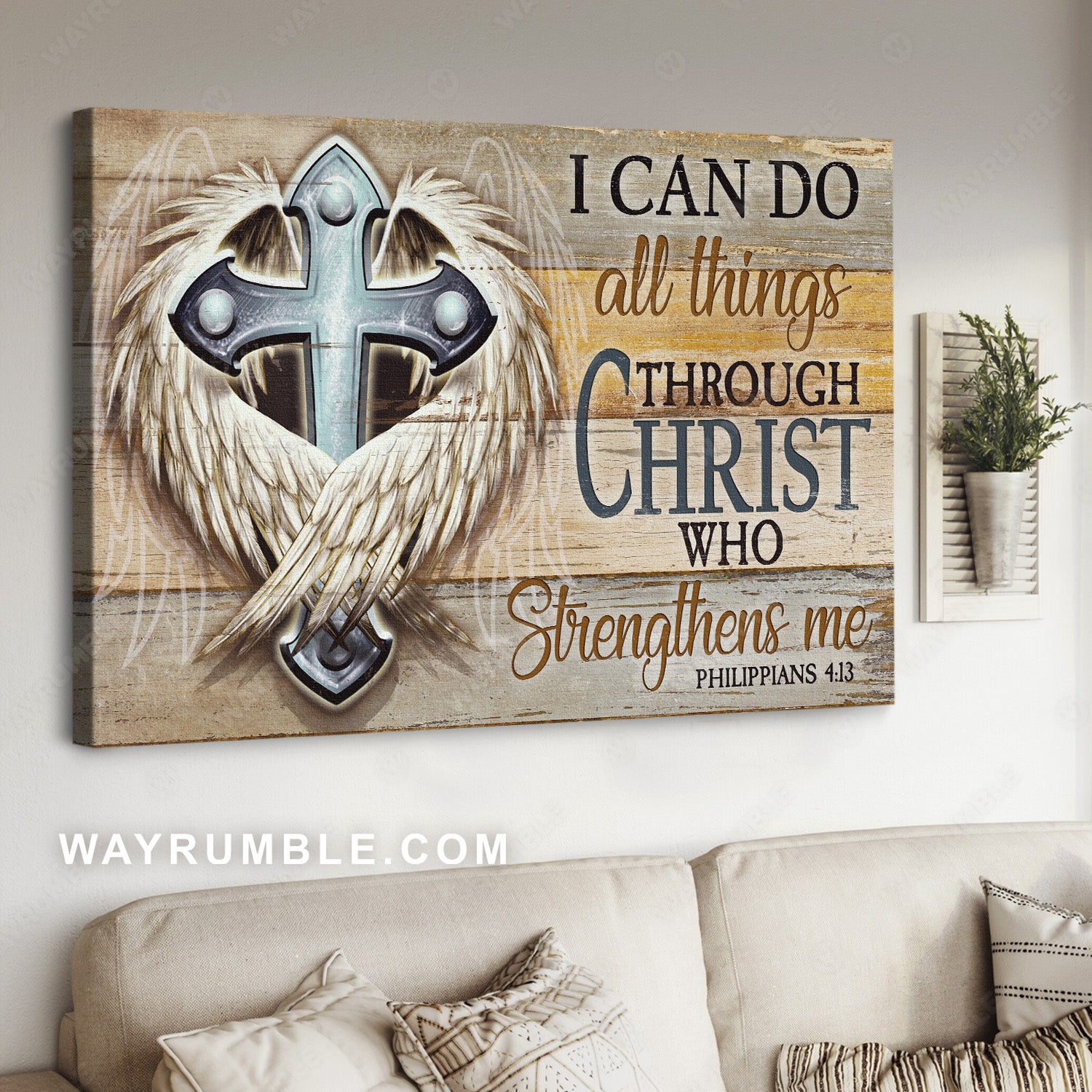 Stunning angel wings, Unique cross, I can do all things - Jesus Landscape Canvas Prints, Home Decor Wall Art