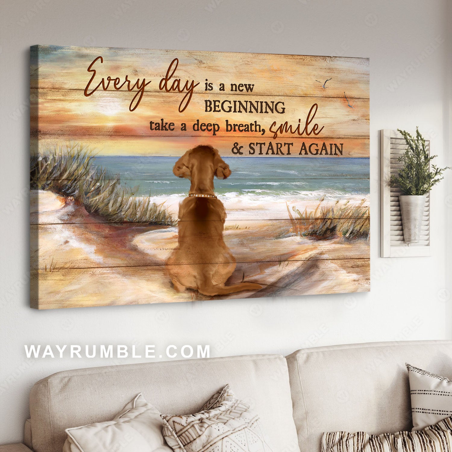Sitting dog, Sunrise ocean, Sandy beach, Every day is a new beginning - Jesus Landscape Canvas Prints, Christian Wall Art
