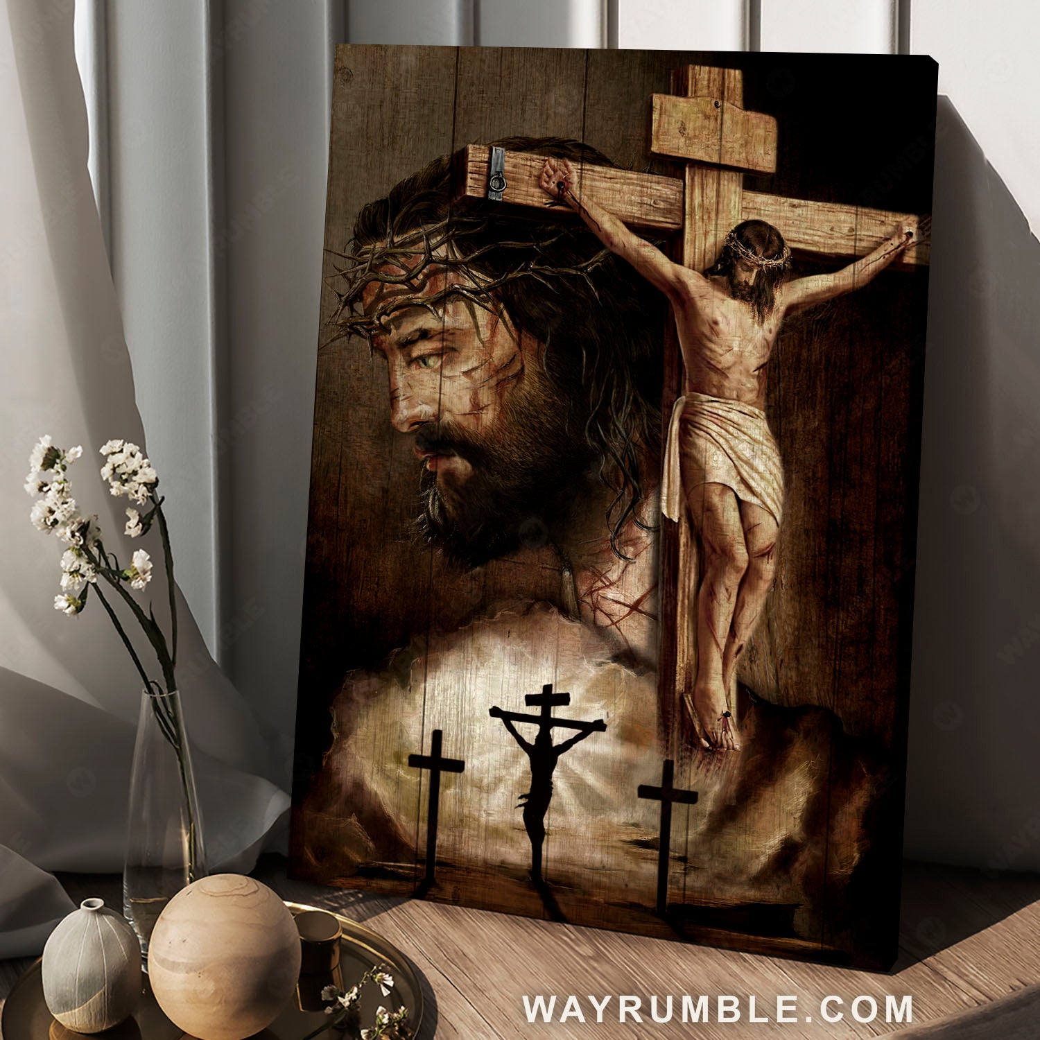 Jesus on cross, Jesus face, Thorn crown, Three wooden crosses - Jesus Portrait Canvas Prints, Christian Wall Art