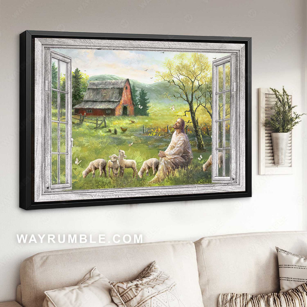 Meadow land painting, Lamb farm, Jesus drawing, Countryside artwork - Jesus Landscape Canvas Prints, Home Decor Wall Art
