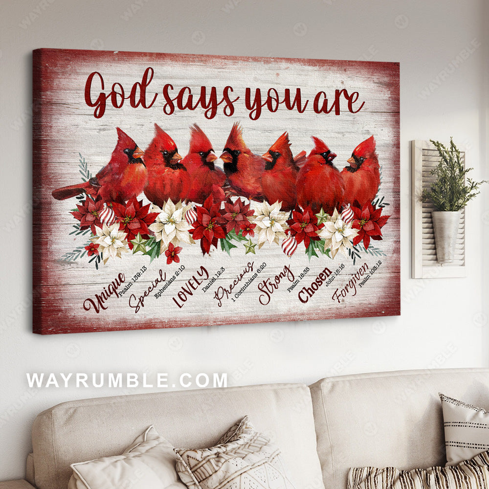 Red cardinal, White poinsettia, Christmas painting, God says you are unique - Jesus Landscape Canvas Prints, Wall Art