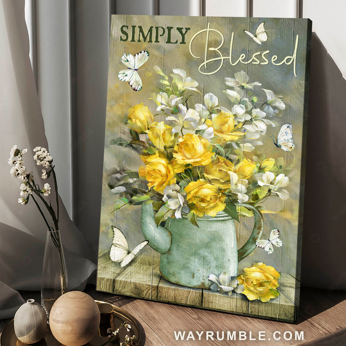 Yellow roses, White jasmine, Water pot, Simply blessed - Jesus Portrait Canvas Prints, Christian Wall Art