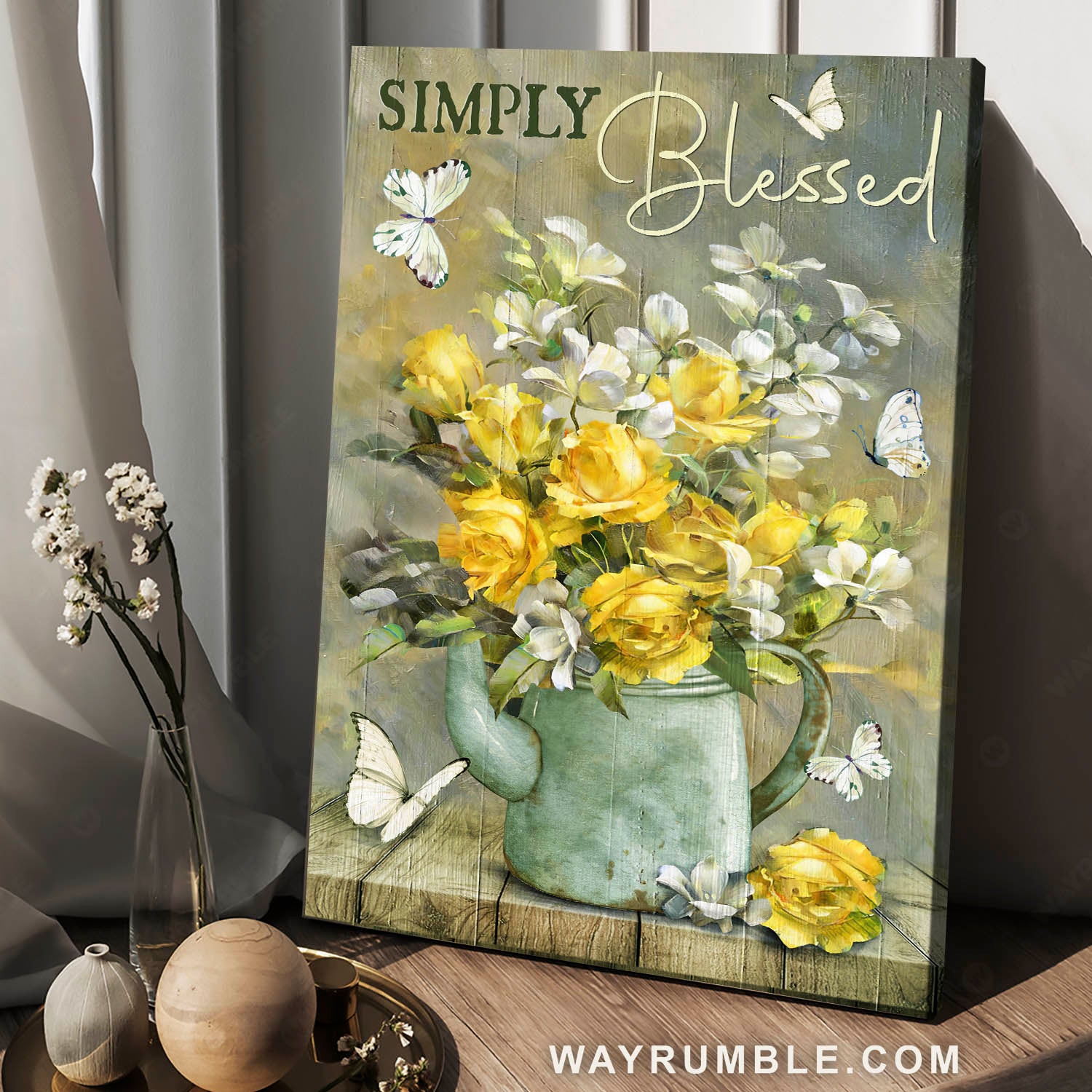 Yellow roses, White jasmine, Water pot, Simply blessed - Jesus Portrait Canvas Prints, Christian Wall Art