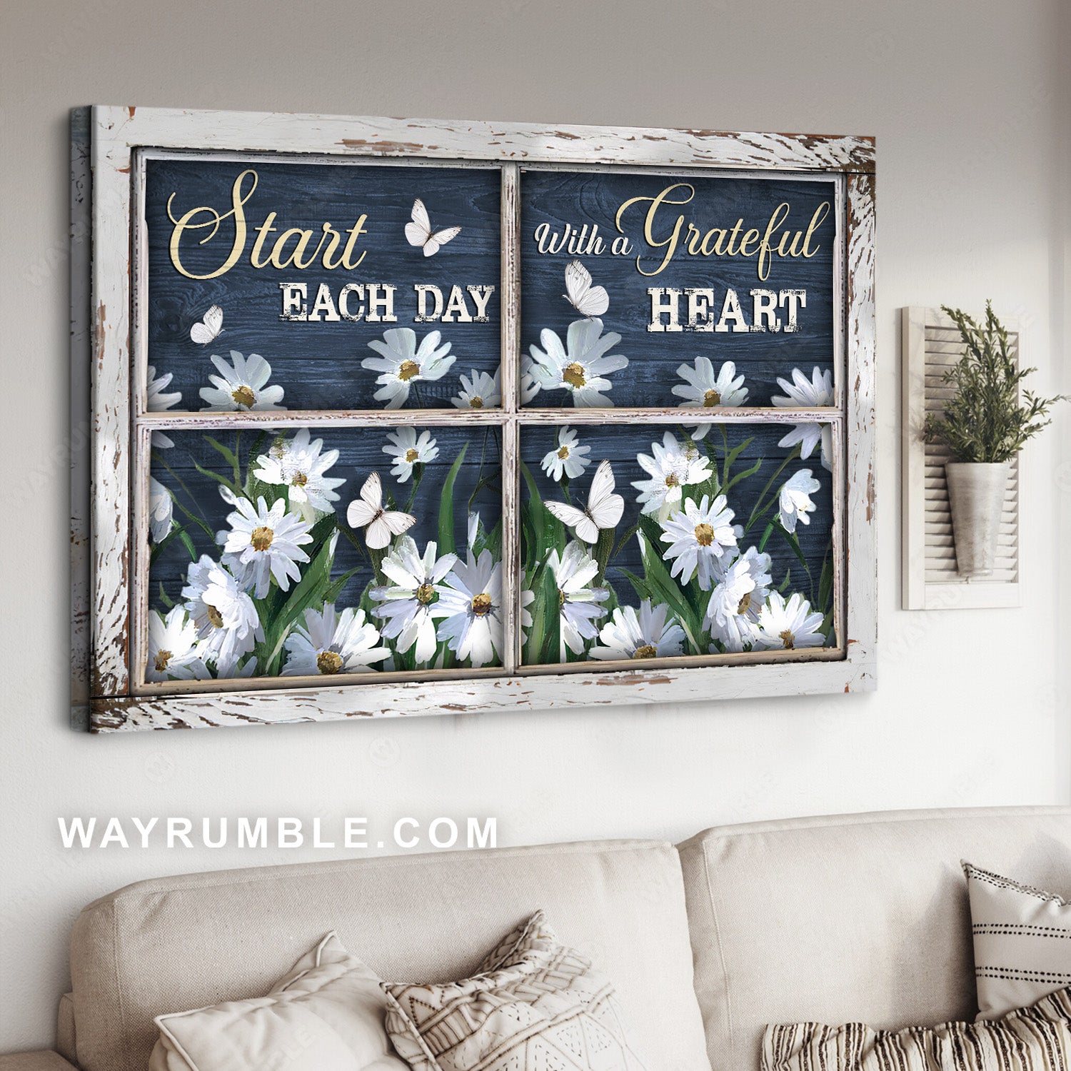 Watercolor daisy garden, White butterfly, Start each day with a grateful heart - Jesus Landscape Canvas Prints, Home Decor Wall Art