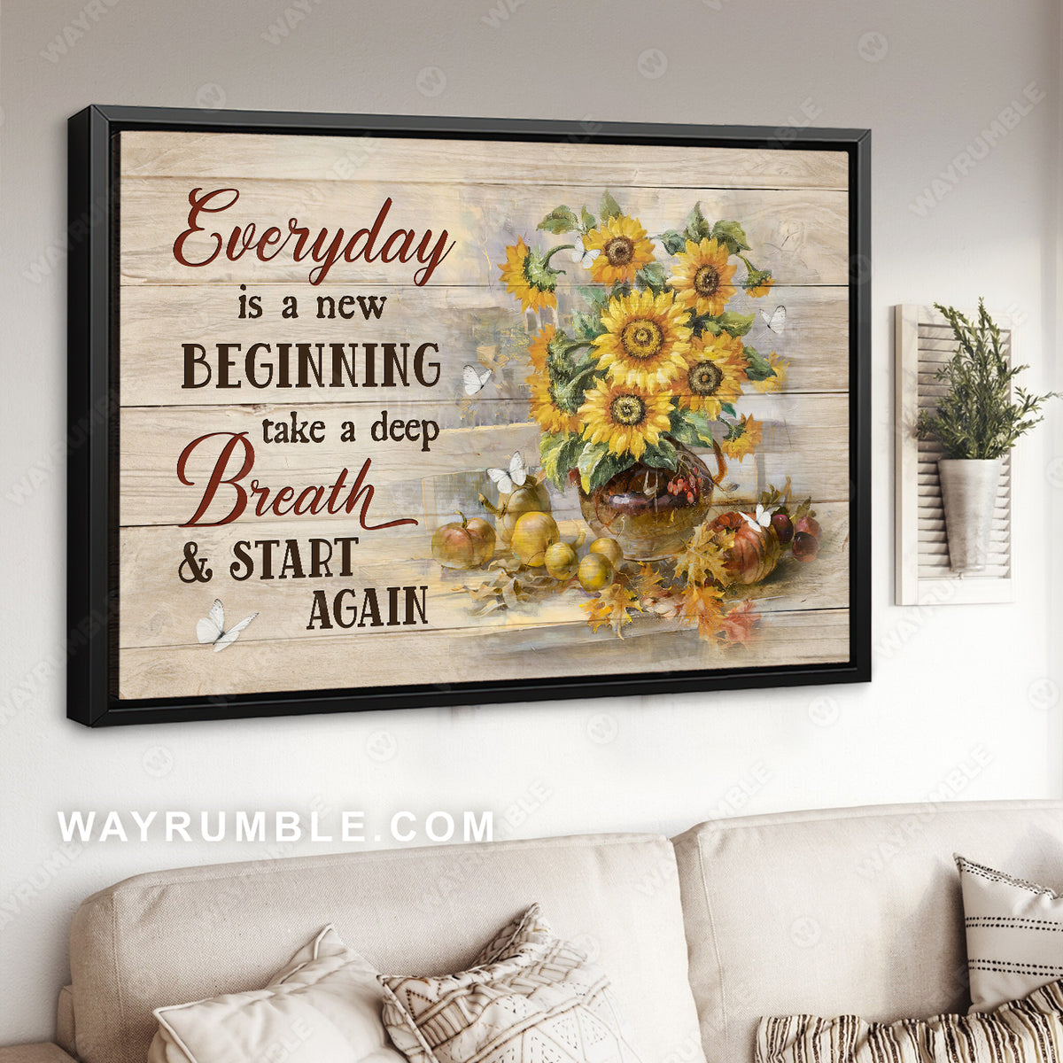 Pretty sunflower, Antique vase, Maple leaf, Every day is a new beginning - Jesus Landscape Canvas Prints, Home Decor Wall Art