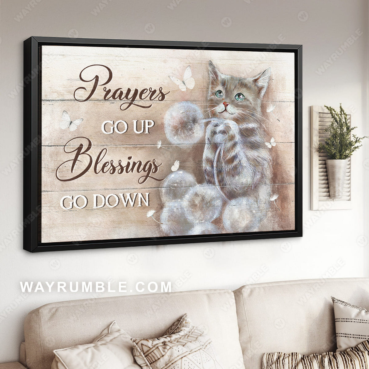 Brown cat drawing, Dandelion field, Prayers go up, Blessings go down - Jesus Landscape Canvas Prints, Christian Wall Art