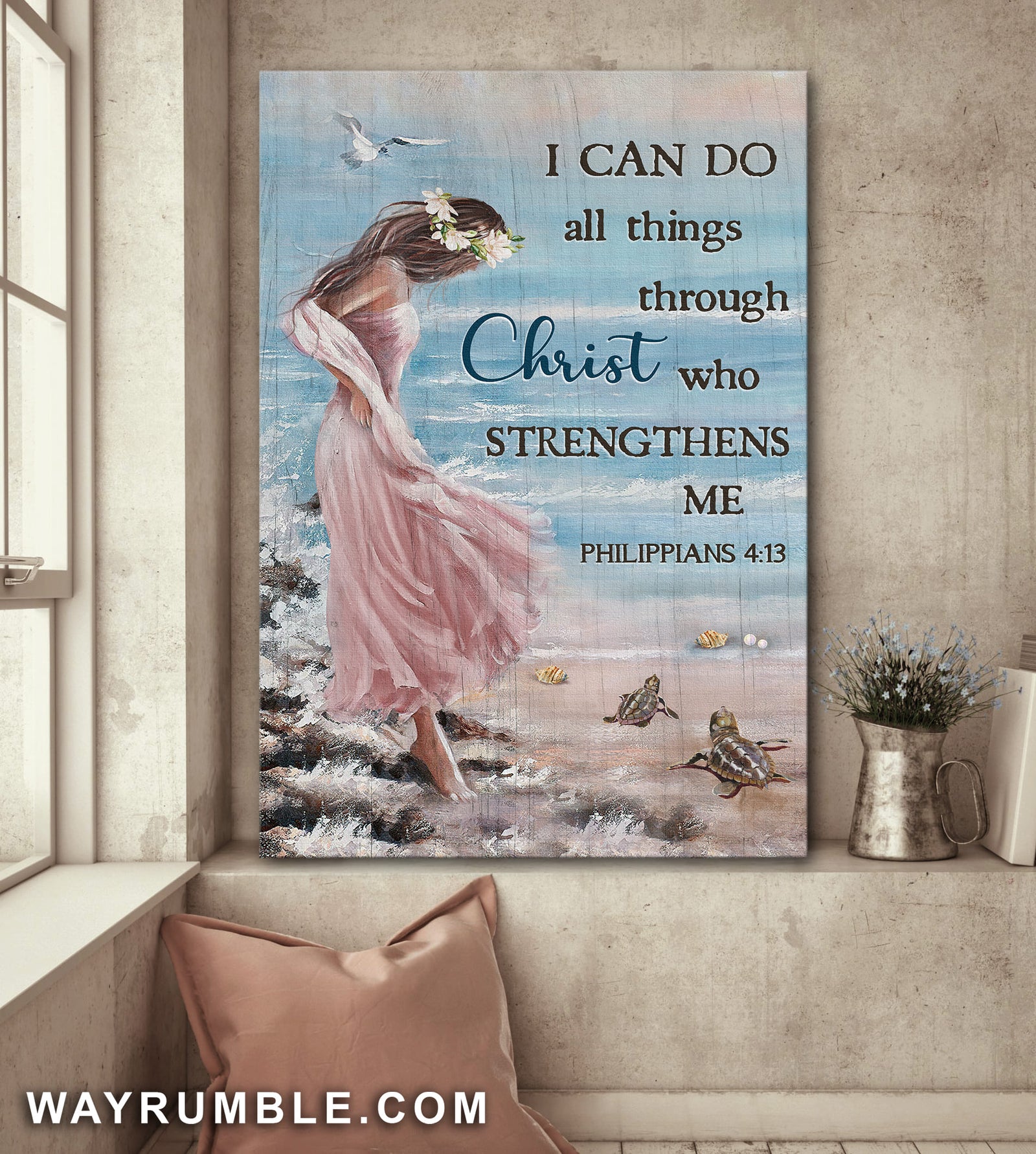 Girl in the beach, Turtle, I can do all things through Christ - Jesus Portrait Canvas Prints, Wall Art