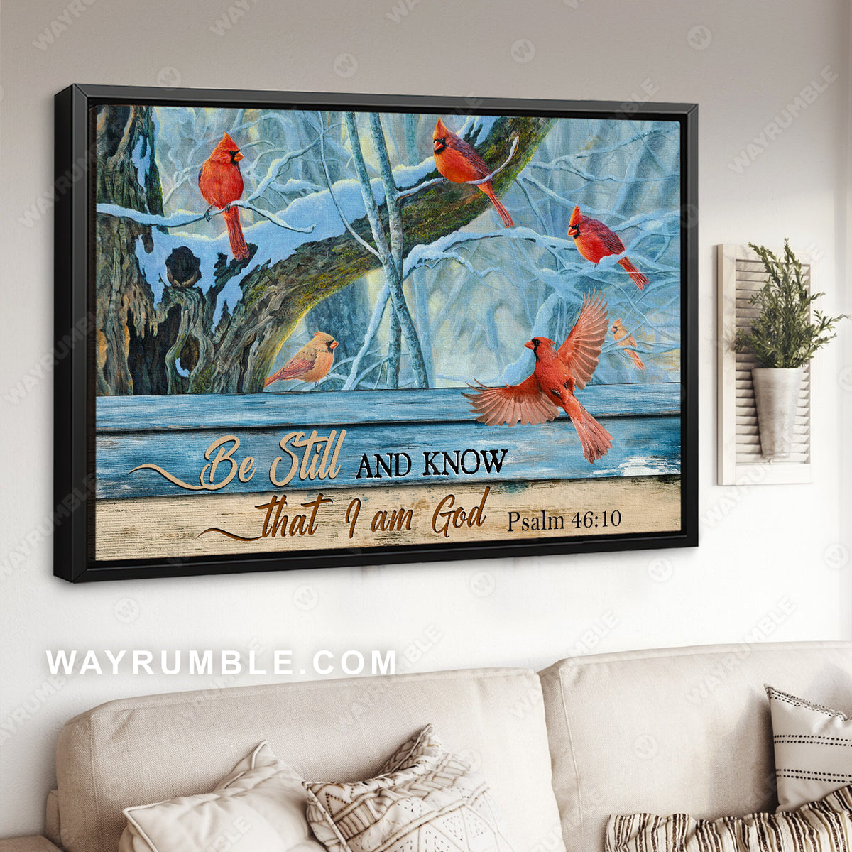 Cardinal drawing, Blue light, Winter, Be still and know that I am God - Jesus Landscape Canvas Prints, Christian Wall Art